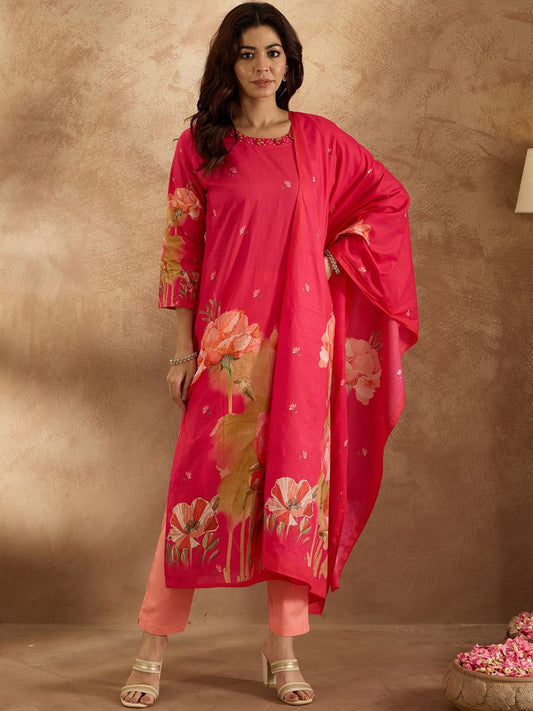 Dhiyona IE Women Floral Printed Regular Pure Cotton Kurta with Trousers & Dupatta