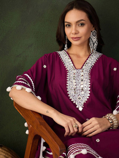 Dhiyona SN Women's Purple Geometric Embroidered Mirror Work Roman Silk Kurta With Trouser