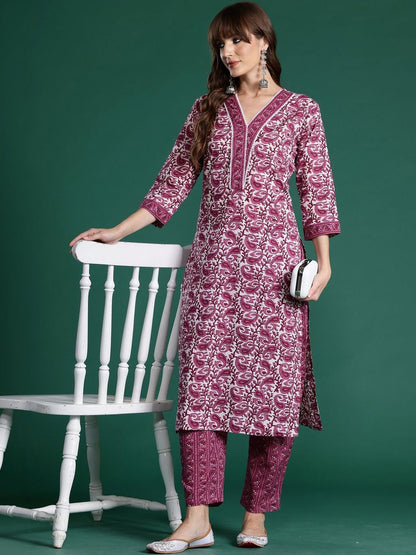 Women Ethnic Motifs Printed Regular Thread Work Pure Cotton Kurta with Trousers