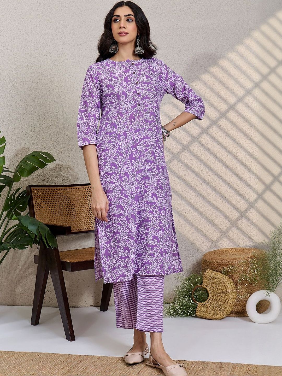 Women Floral Printed Regular Pure Cotton Kurta with Trousers & With Dupatta