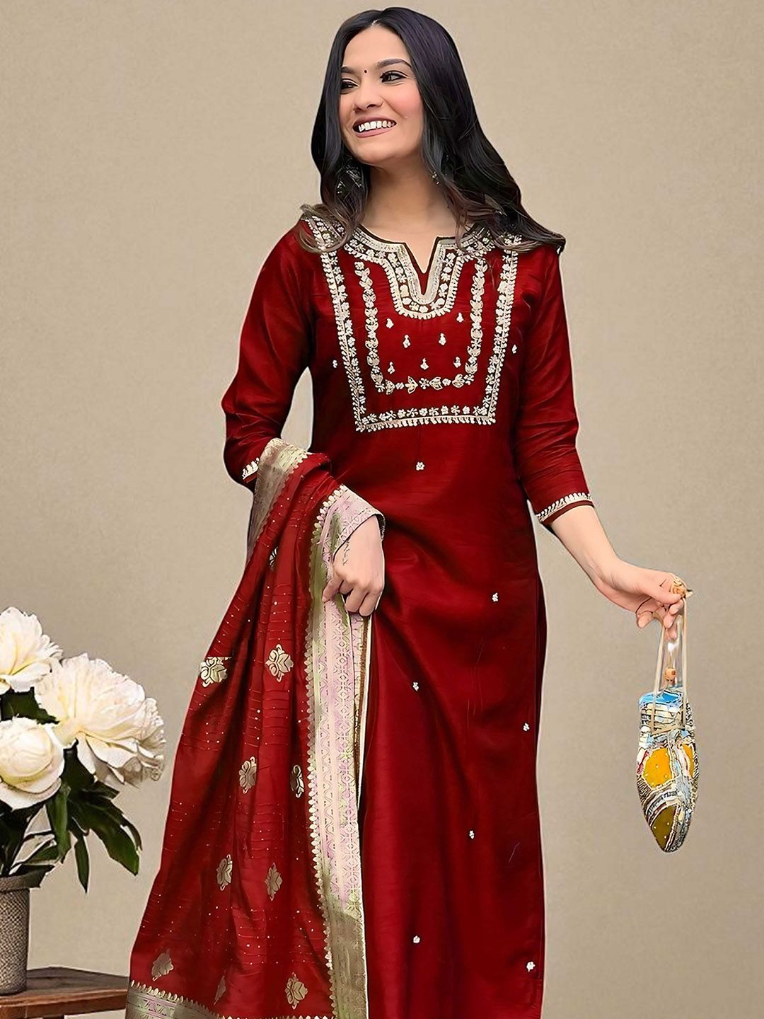 Dhiyona SN Women's Floral Embroidered Cotton Kurta with Trousers & Dupatta