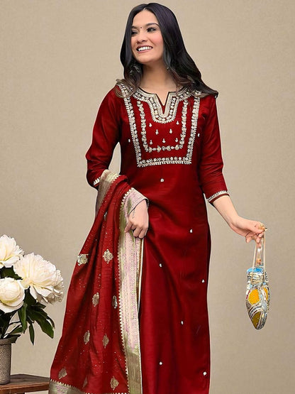 Dhiyona SN Women's Floral Embroidered Cotton Kurta with Trousers & Dupatta