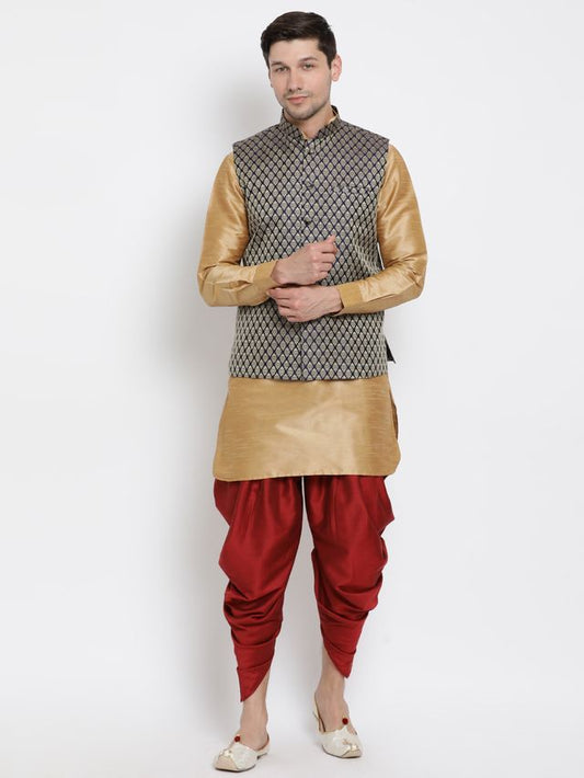 Men's Gold Silk Blend Straight Jacket  Kurta and Dhoti Set