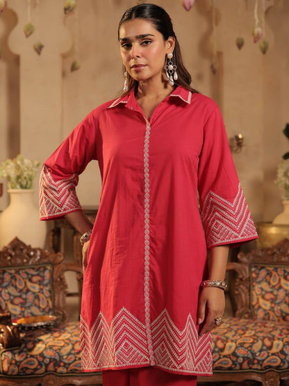 Dhiyona IE Women Embroidered Shirt Collar Pure Cotton Tunic & Trouser Co-Ord Set