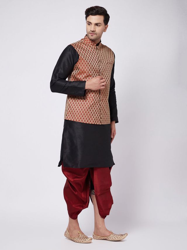 Men's Black Silk Blend Straight Jacket  Kurta and Dhoti Set