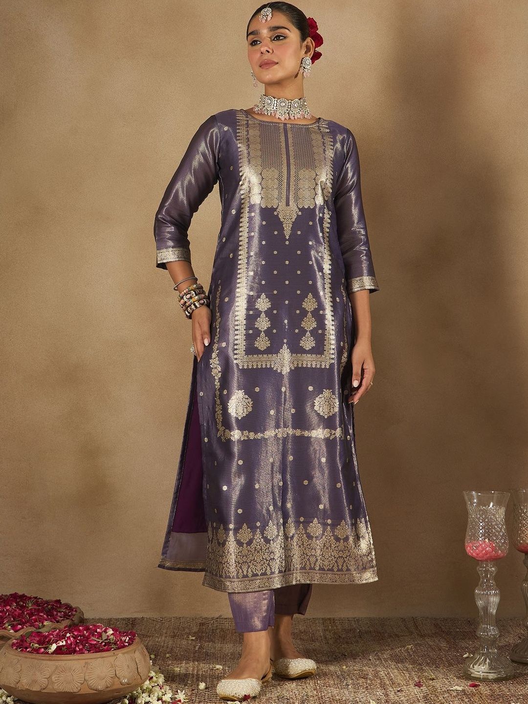 Women Ethnic Motifs Woven Design Kurta with Trousers & With Dupatta