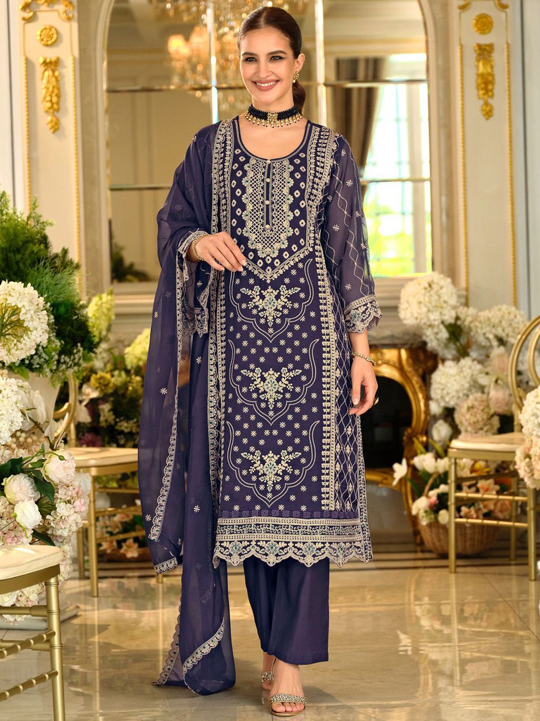 Ethnic Motifs Embroidered Sequinned Kurta with Trousers & Dupatta
