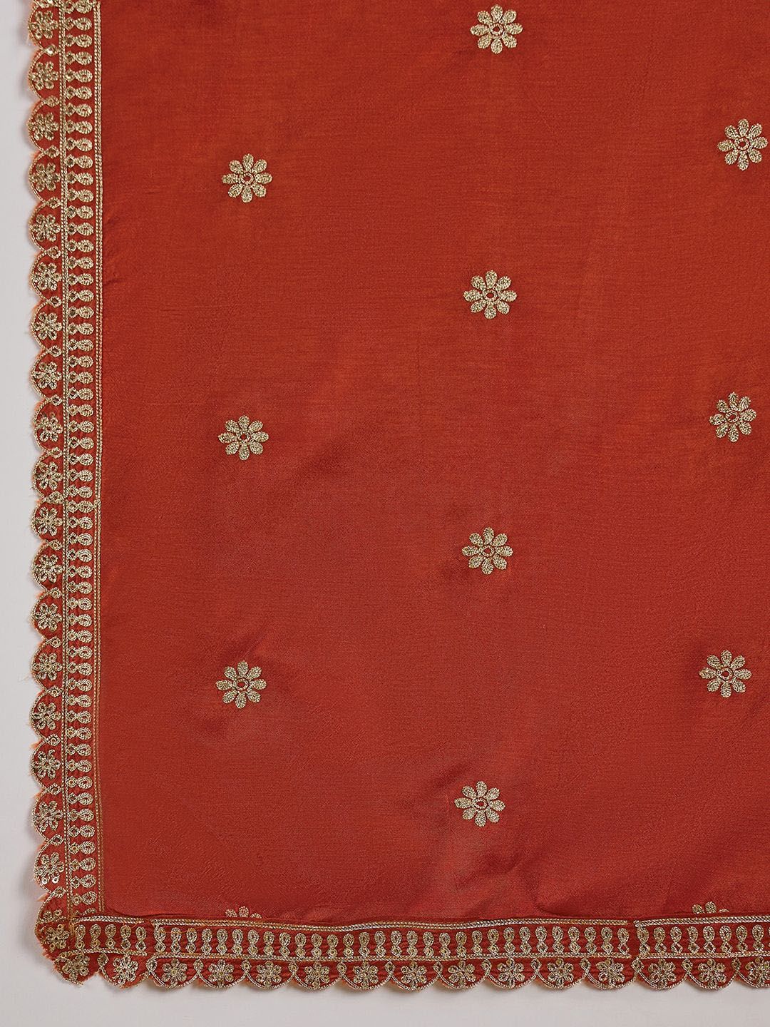 Dhiyona SN Women's Orange Floral Embroidered V-Neck Sequence Straight Kurta With Trousers & Dupatta