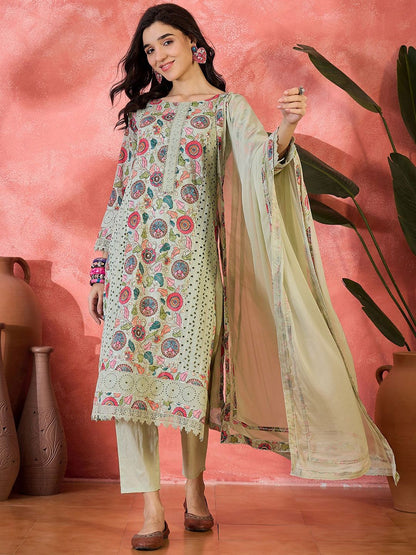 Dhiyona SN Women's Floral Printed schiffl Embroidered Straight Kurta With Trouser & Dupatta