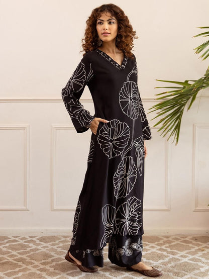 Dhiyona IE Printed Round Neck Long Sleeve Tunic With Trouser Co-Ords