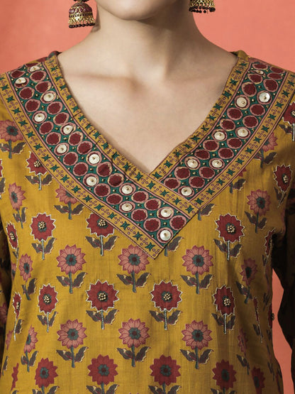 Dhiyona SN Women's Floral Printed V-Neck Beaded Pure Cotton Straight Kurta With Trouser And Dupatta