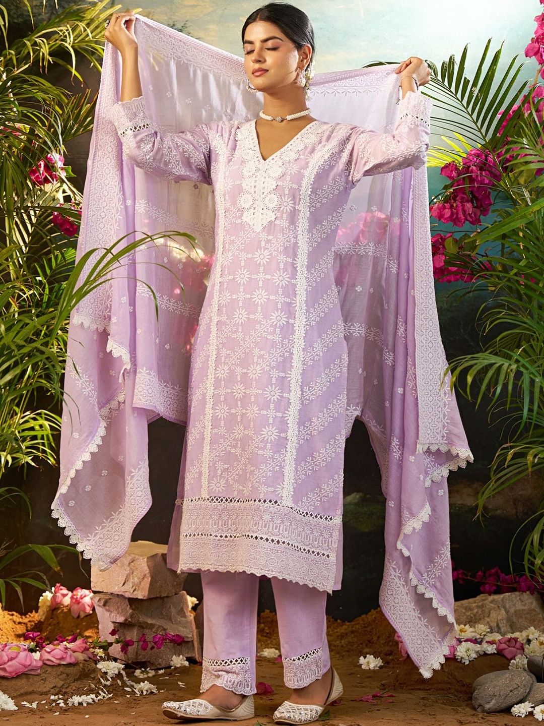 Women Ethnic Motifs Embroidered Regular Chikankari Pure Cotton Kurta with Trousers & With Dupatta