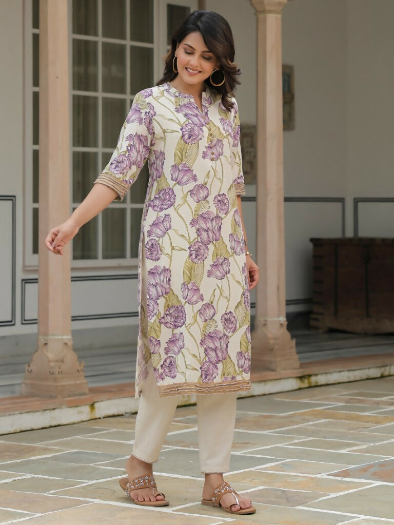 Women's Straight Linen Cotton Floral Print Women's Kurta - Off White