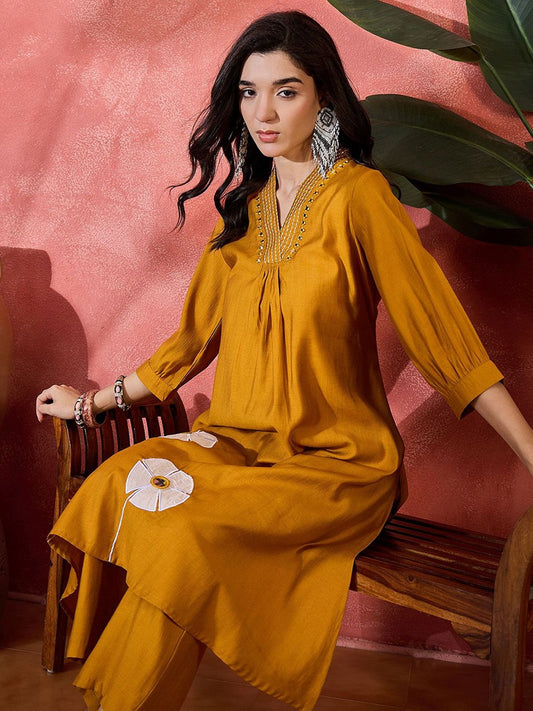 Dhiyona SN Women's Floral Embroidered V-Neck Mirror Work A-Line Kurta With Palazzo
