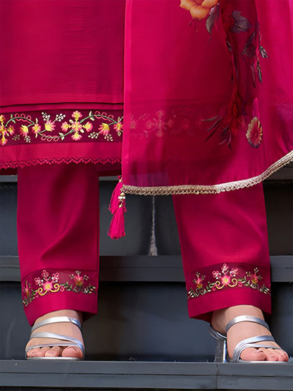 Dhiyona VA Women'sFloral Yoke Design Thread Work Straight Kurta With Trouser And Dupatta