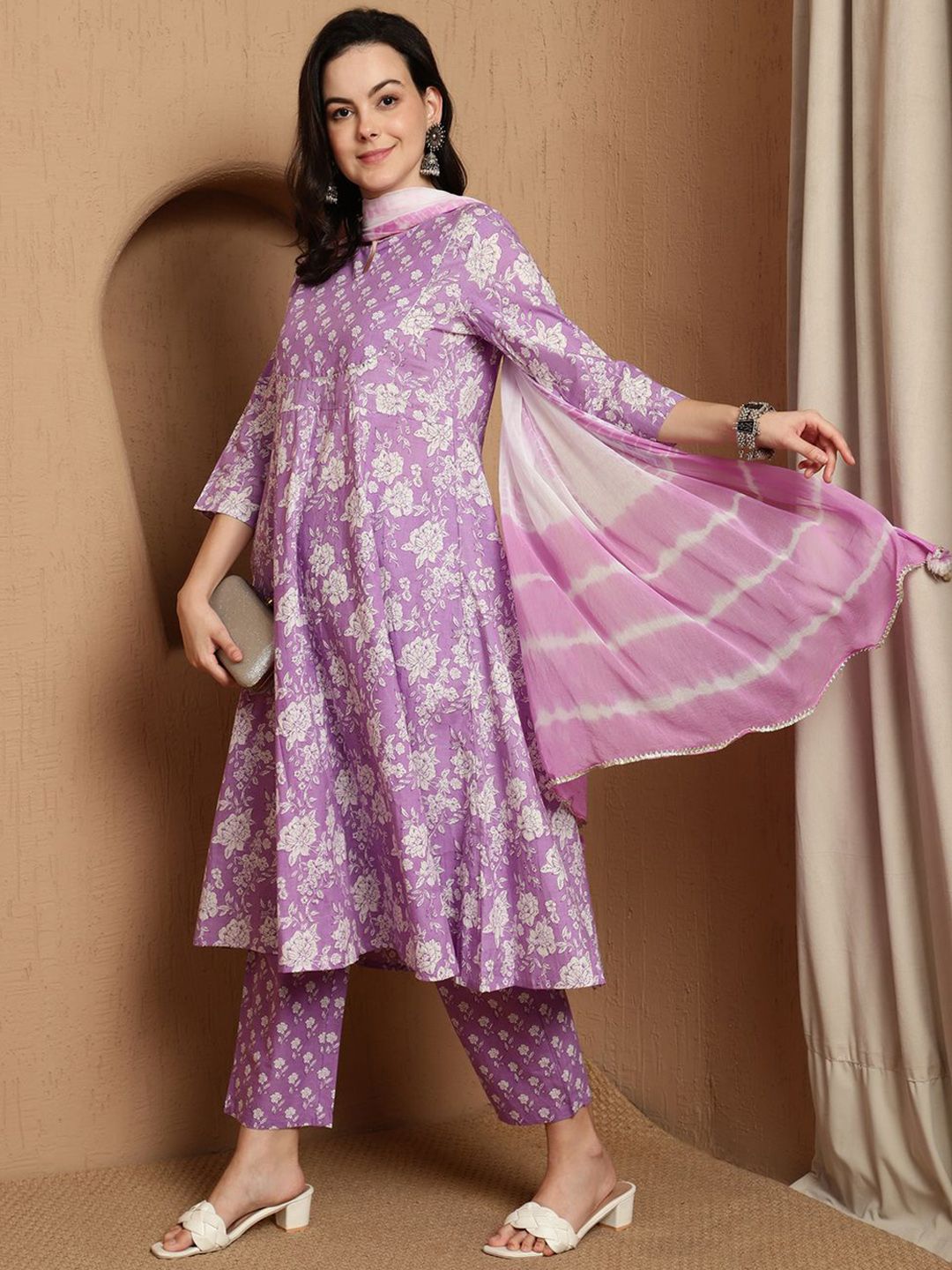 Dhiyona SN Women's Floral Printed Notch Neck Pure Cotton Anarkali Kurta & Trousers With Dupatta