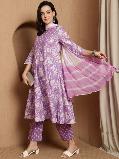 Dhiyona SN Women's Floral Printed Notch Neck Pure Cotton Anarkali Kurta & Trousers With Dupatta