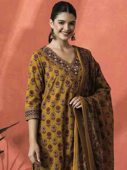 Dhiyona SN Women's Floral Printed V-Neck Beaded Pure Cotton Straight Kurta With Trouser And Dupatta