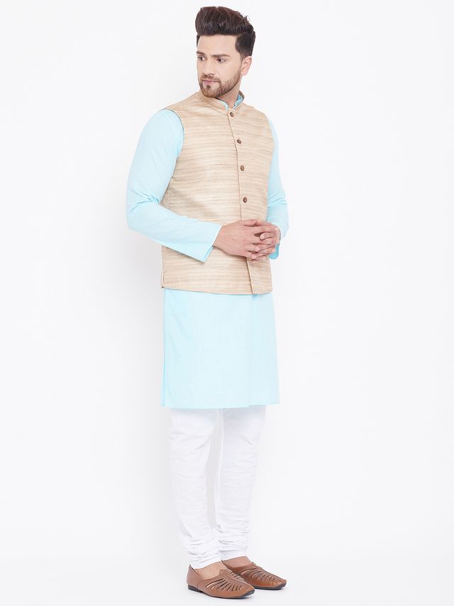 Men's Aqua Cotton Blend Straight Jacket  Kurta and Pyjama Set