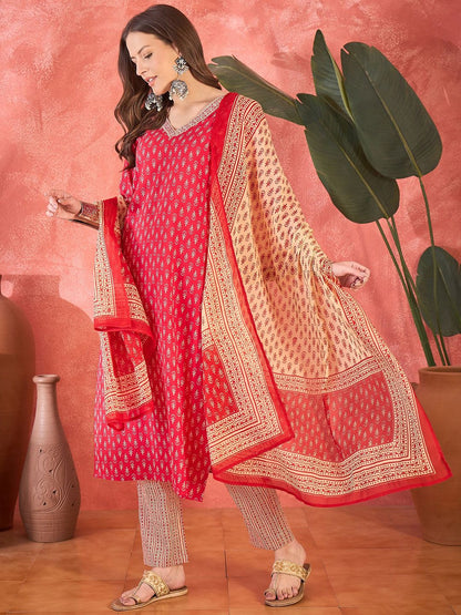 Dhiyona SN Women's SangriaFloral Printed V Neck Pure Cotton Kurta With Trousers & Dupatta