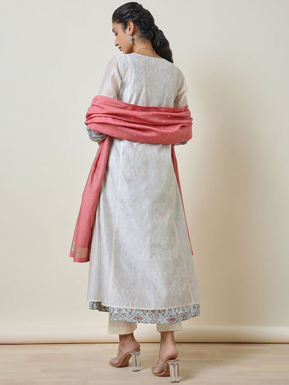 Dhiyona SO Women's Ethnic Motifs Embroidered Chanderi Silk A-Line Kurta with Trousers & With Dupatta