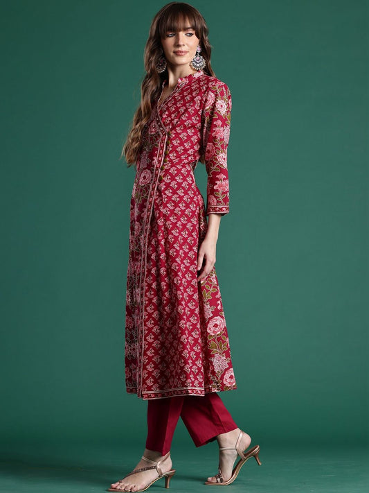 Women Floral Printed Angrakha Pure Cotton Kurta with Trousers & With Dupatta