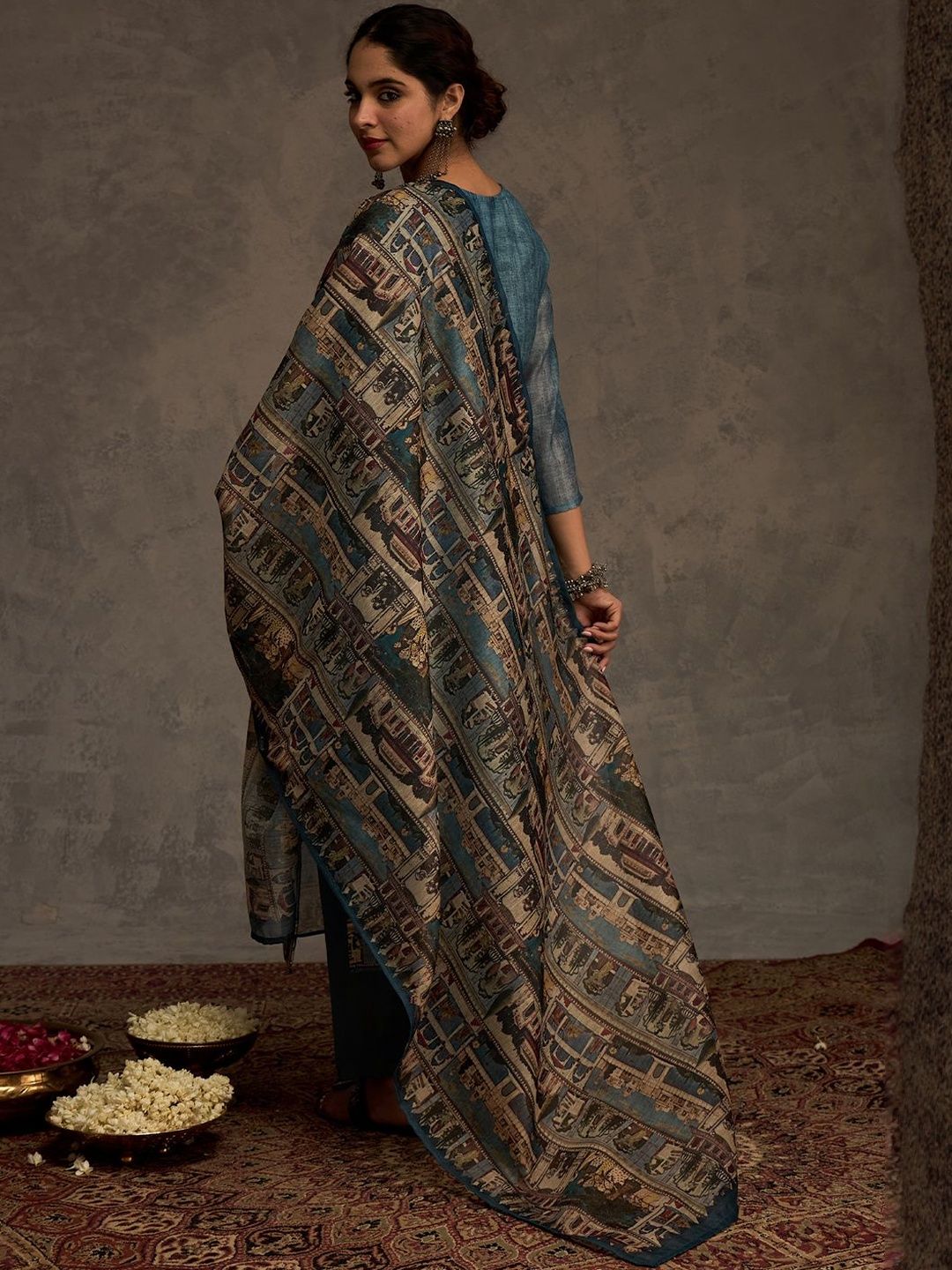 Ethnic Motifs Embroidered Chanderi Cotton Kurta & Trousers With Dupatta