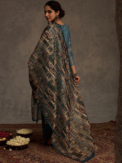 Ethnic Motifs Embroidered Chanderi Cotton Kurta & Trousers With Dupatta