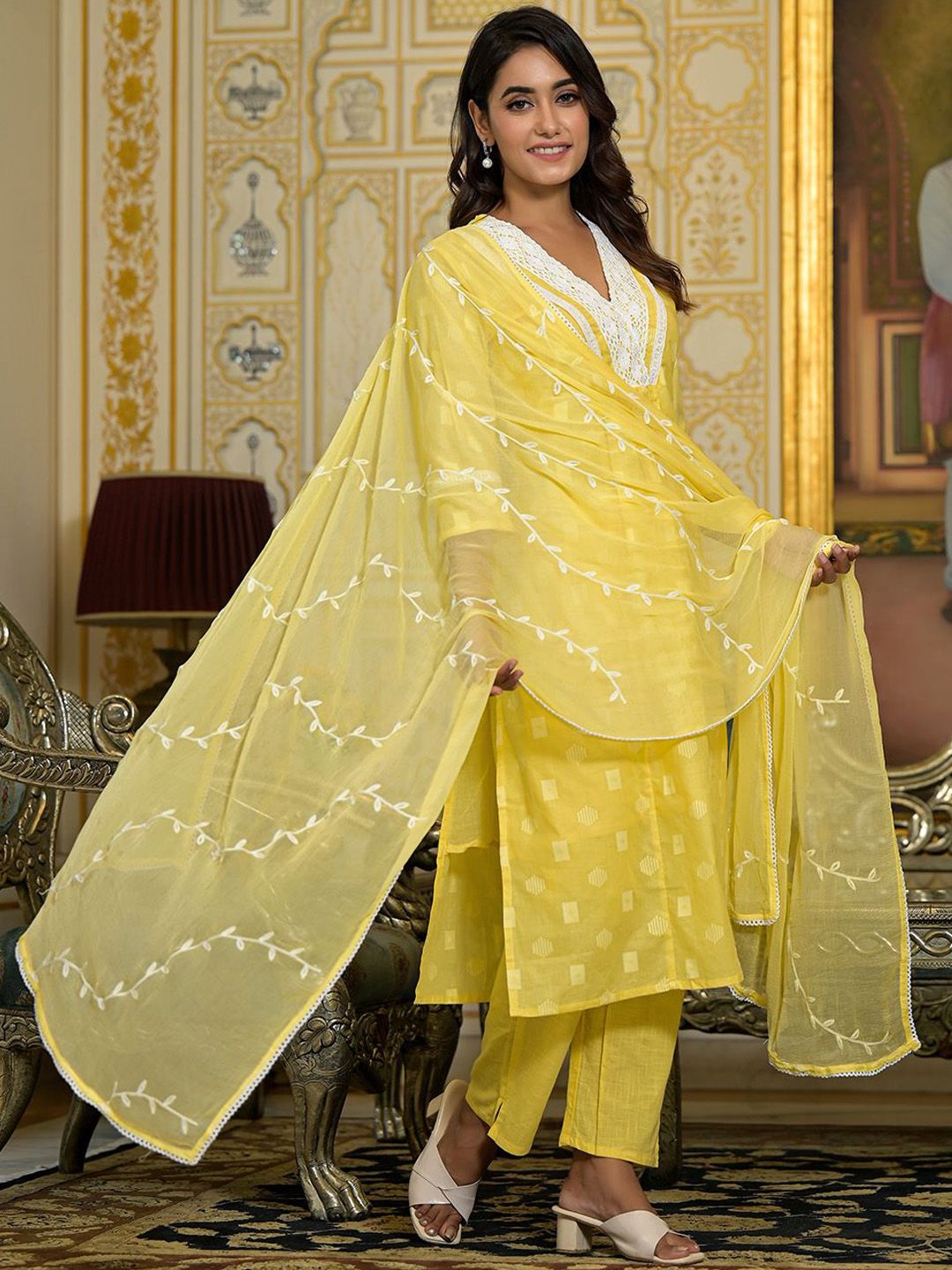 Dhiyona VA Women's V Neck Gathered Flared Cotton Kurta with Trouser & Embroidered Dupatta