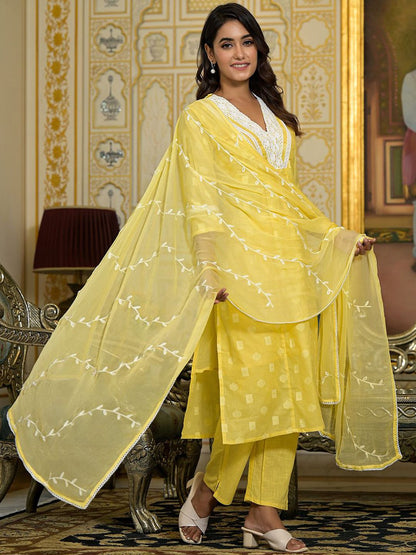 Dhiyona VA Women's V Neck Gathered Flared Cotton Kurta with Trouser & Embroidered Dupatta