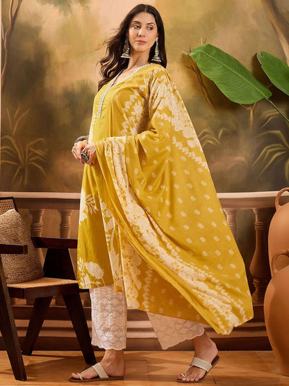 Dhiyona SN Women's Floral Printed Thread Work Pure Cotton Straight Kurta Set With Dupatta