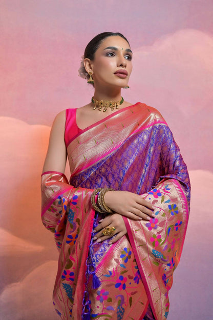 Women Paithani Vani Royal Blue Saree With Unstiched Blouse