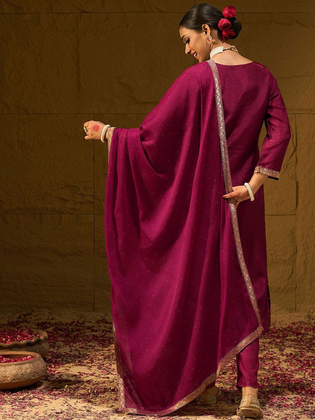 Dhiyona IE Floral Embroidered Jacquard Straight Kurta With Trousers & Dupatta