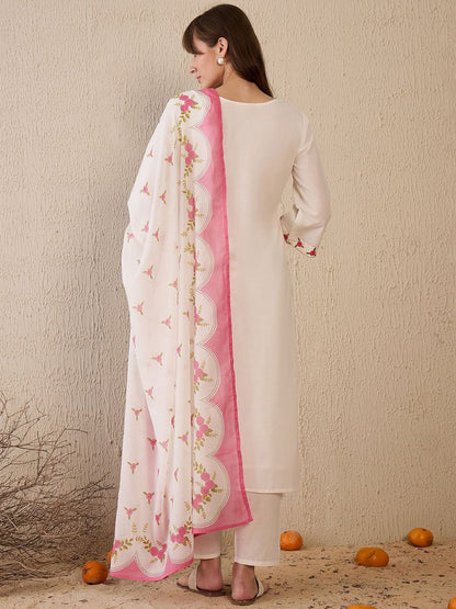 Dhiyona IE Women Floral Embroidered Regular Thread Work Pure Cotton Kurta with Trousers & With Dupatta