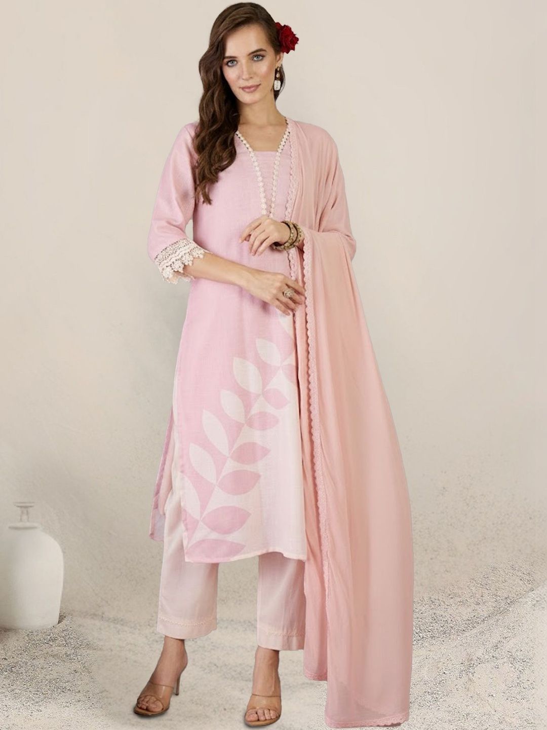 Dhiyona IE Women Floral Printed Regular Thread Work Linen Kurta with Trousers & With Dupatta