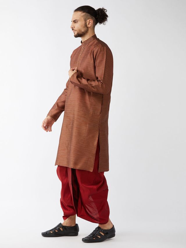 Men's Maroon Silk Blend Straight Kurta and Dhoti Set