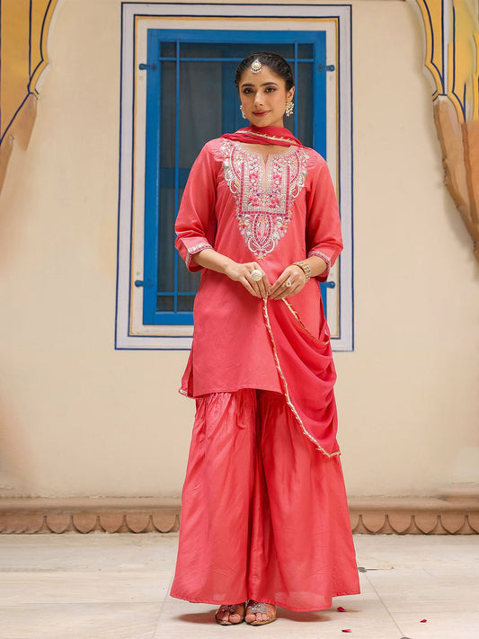 Dhiyona SC Women Coral Chanderi Silk Embroidered Kurta with Sharara & With Dupatta
