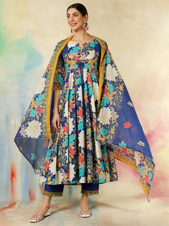 Women's Floral Printed Pure Cotton Anarkali Kurta With Trousers And Dupatta