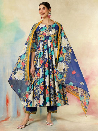Women's Floral Printed Pure Cotton Anarkali Kurta With Trousers And Dupatta