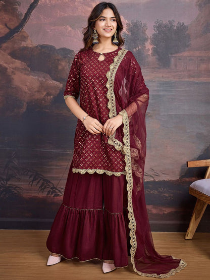 Dhiyona PD Women Embroidered Keyhole Neck Kurta With Sharara & Dupatta