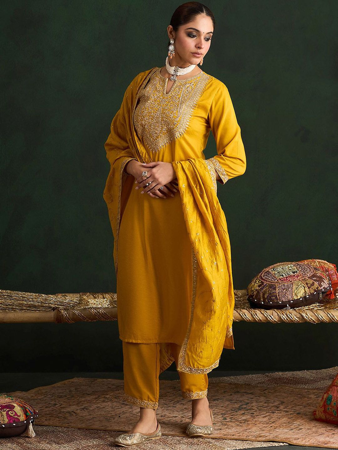 Ethnic Motifs Embroidered Kurta With Trousers & Dupatta