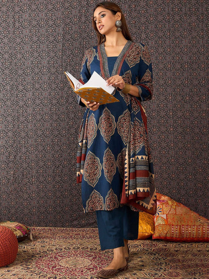 Women Ajrakh Printed Straight Kurta Trousers With Dupatta Set