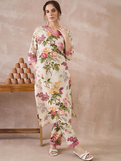 Women Floral Printed Regular Pure Cotton Kurta with Trousers