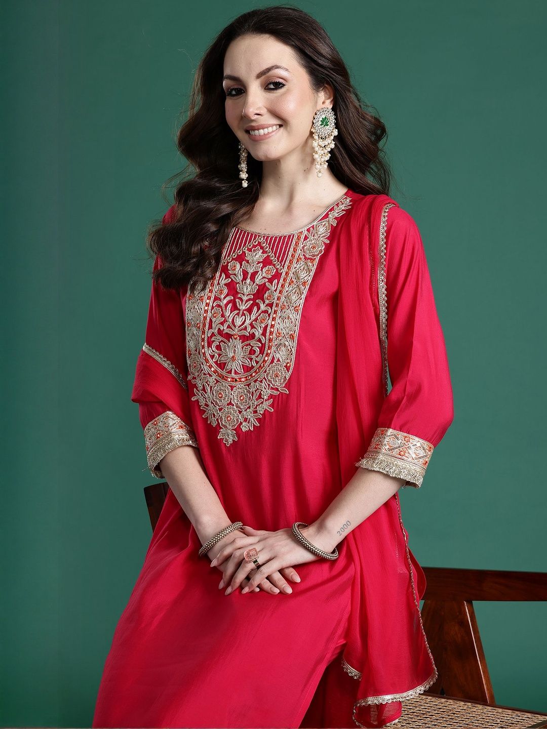 Ethnic Motifs Embroidered Zari Round Neck Straight Kurta With Trouser & Dupatta