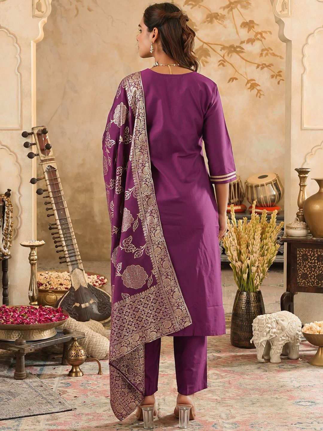 Ethnic Motifs Embroidered Sequinned Kurta With Trousers & Dupatta