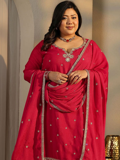 Dhiyona Women's Plus Size Floral Embroidered Kurta with Palazzos & With Dupatta