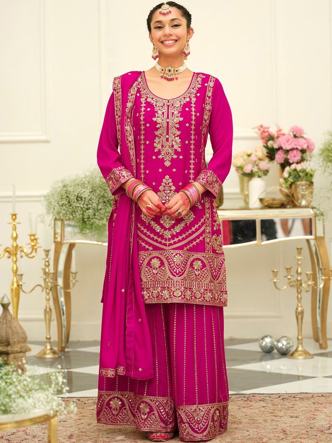 Women Ethnic Motifs Embroidered Kurta with Palazzos & Dupatta