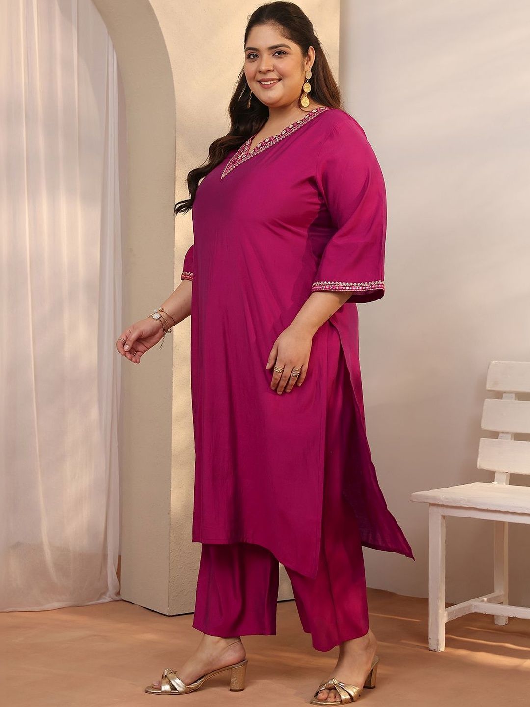 Dhiyona Women's Plus Size Ethnic Motifs Embroidered Kurta with Palazzo & Dupatta