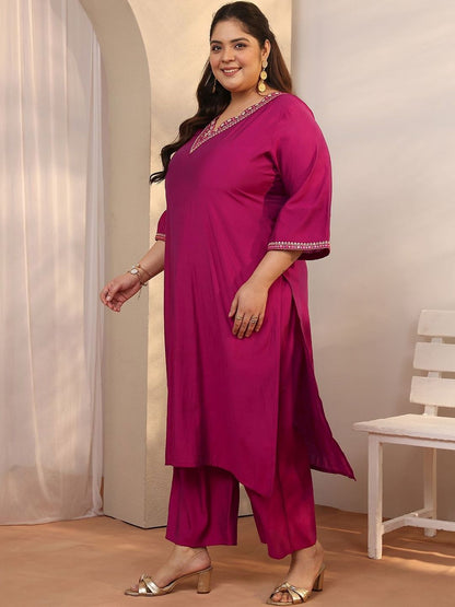 Dhiyona Women's Plus Size Ethnic Motifs Embroidered Kurta with Palazzo & Dupatta