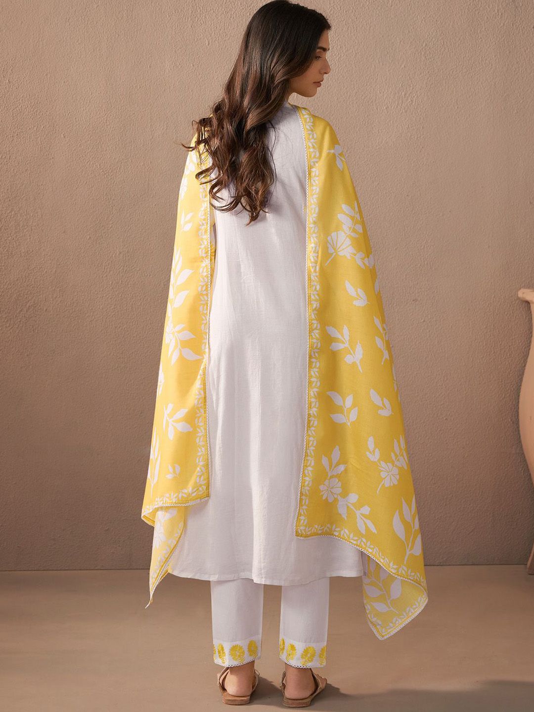 Dhiyona IE Floral Embroidered Thread Work Pure Cotton A-Line Kurta with Trouser & Dupatta